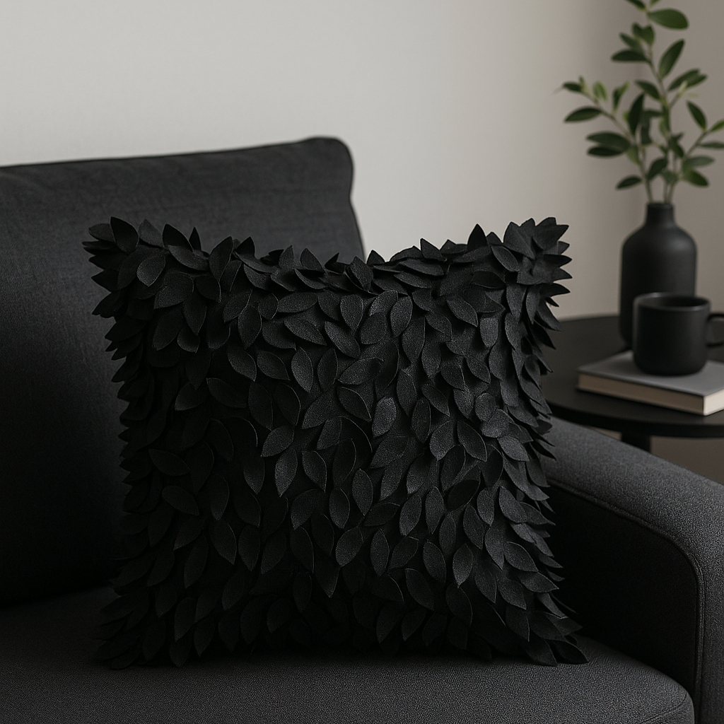 Leaf Design Elegant Black 3D Cushion Cover – Textured Polyester Sofa Accent Decor
