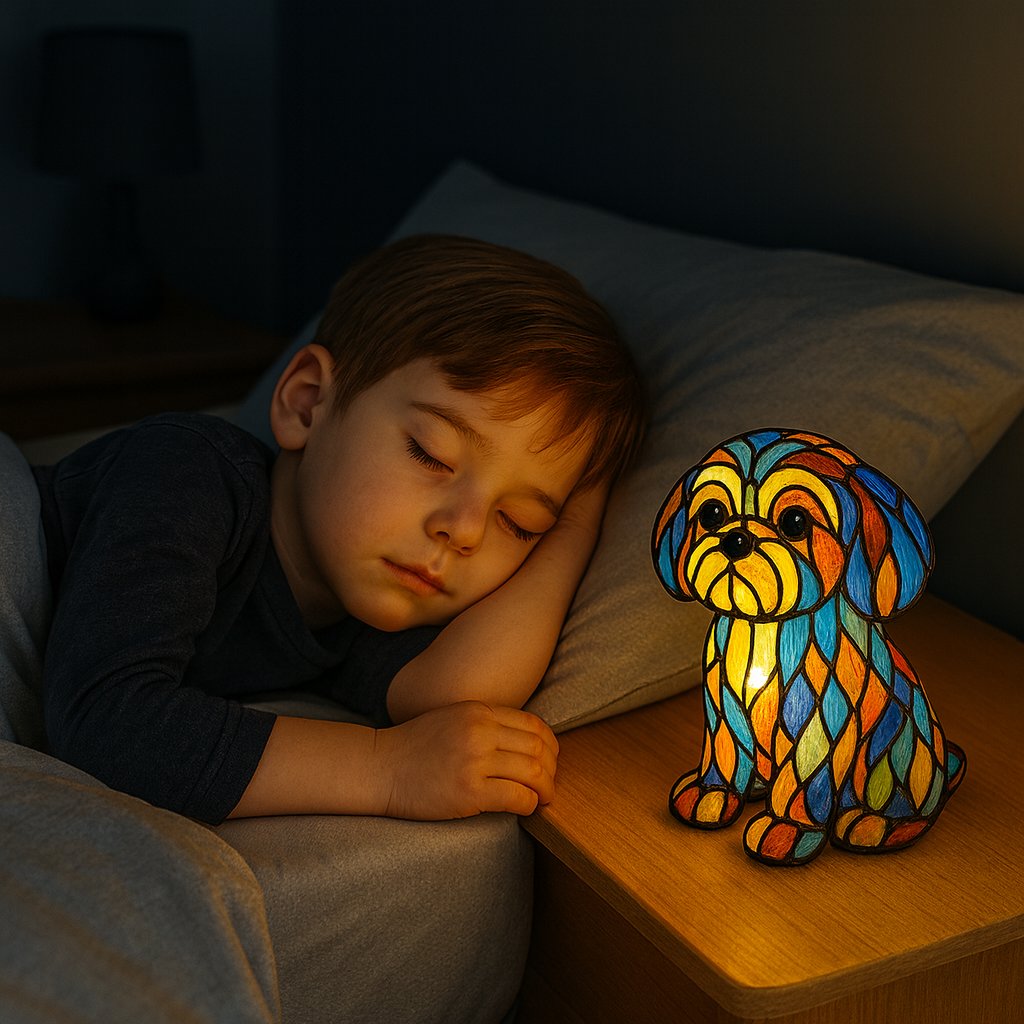 Levinia Table Lamp for Bedroom – Unique Stained Glass Dog Motif Accent