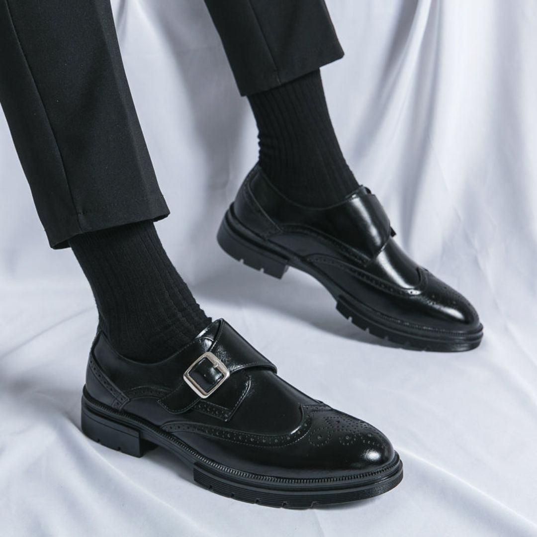 Dominic Men's Black Dress Shoes – Stylish Monk Strap Wingtip for Business Casual