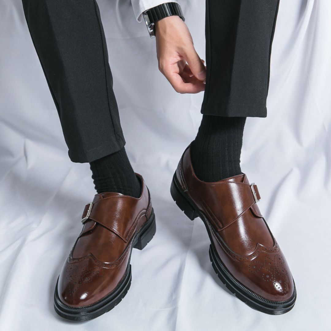 Dominic Men's Black Dress Shoes – Stylish Monk Strap Wingtip for Business Casual