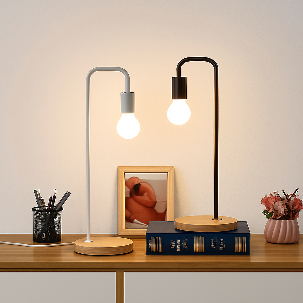 Lorvian Vintage Desk Lamp E27 – Nordic Style with Warm Wooden Base
