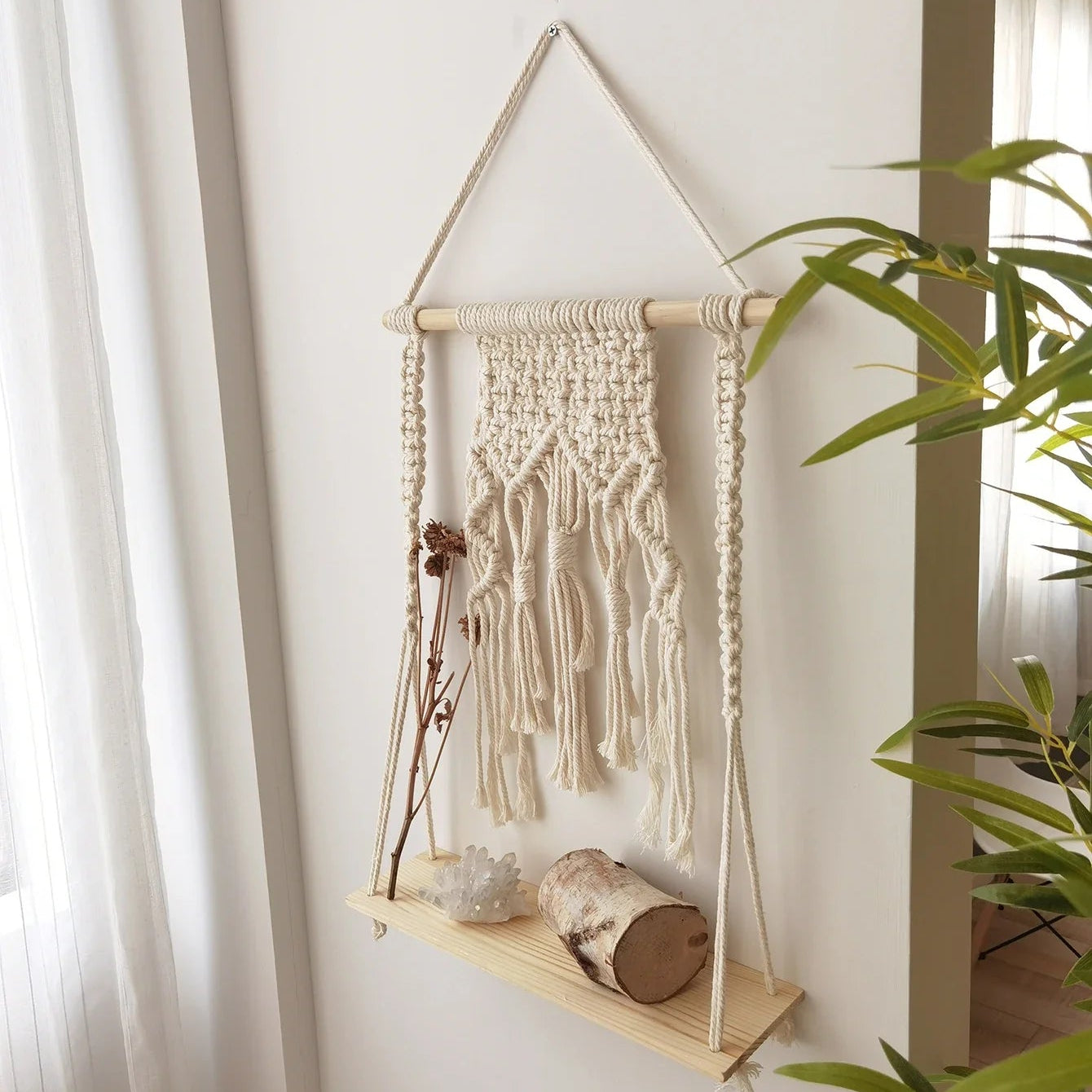 Mara Boho Macrame Wall Shelf – Handcrafted Floating Shelf for Stylish Decor
