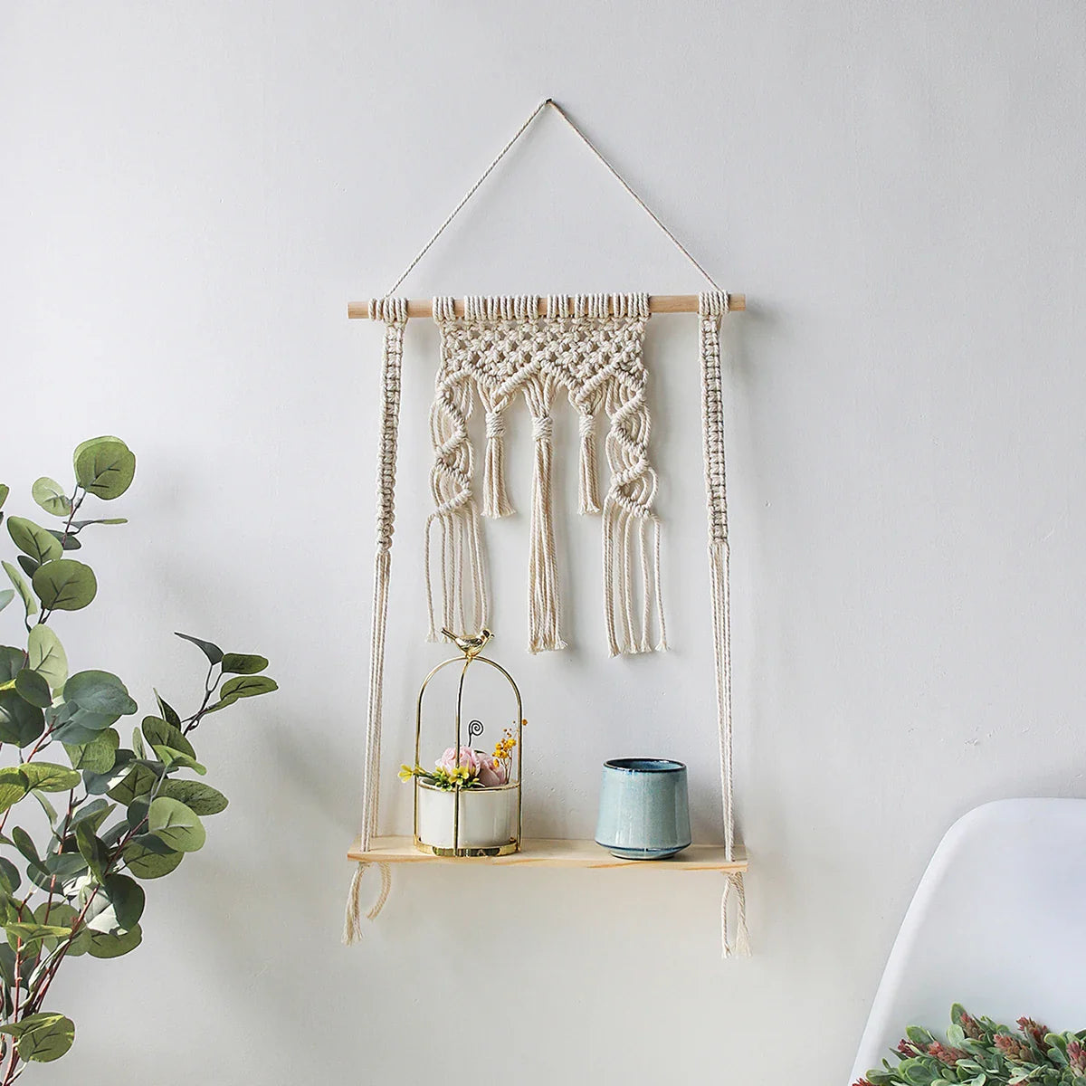 Mara Boho Macrame Wall Shelf – Handcrafted Floating Shelf for Stylish Decor